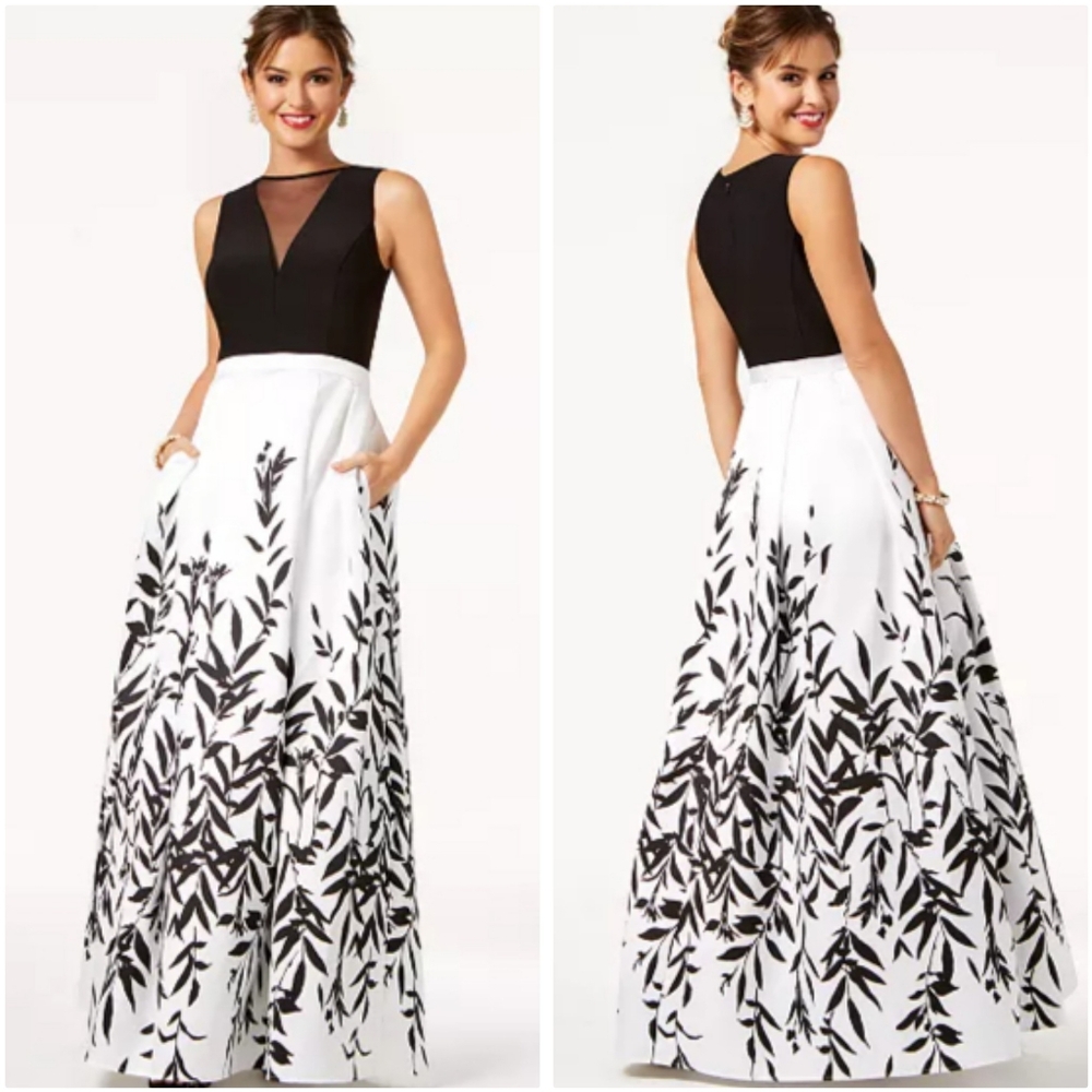 Nwot Morgan and Co Black/White Contemporary Leaf Print Eve Gown w/Pockets